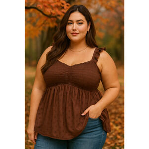 Torrid Women Babydoll Top 2X Plus Brown Mocha Clip Dot Smocked Romantic Coquette
